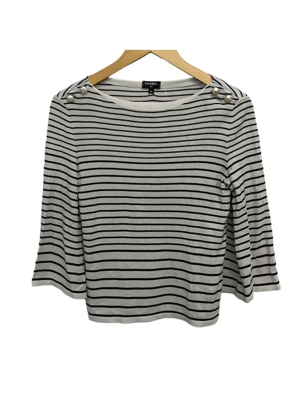 Chanel 3/4 Sleeve Sweater 34 S Ivory Black Border Pearl Button